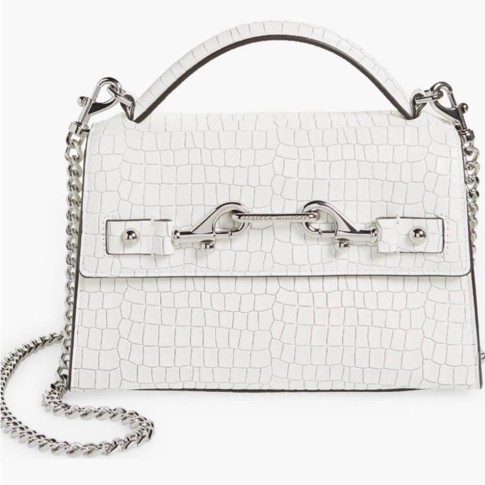 Chic Designer Luxury White Croc-Embossed Handbag with Detachable Silver Chain